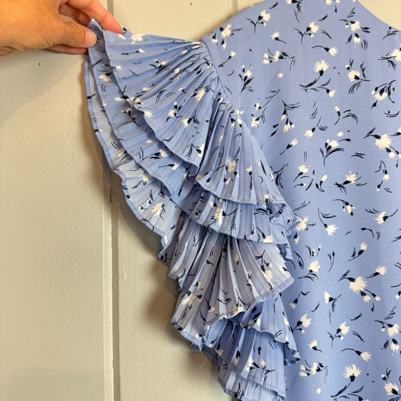 CeCe Womens Blue White Floral pleated Ruffle sleeve Summer‎ Mini Dress size S - Picture 5 of 13